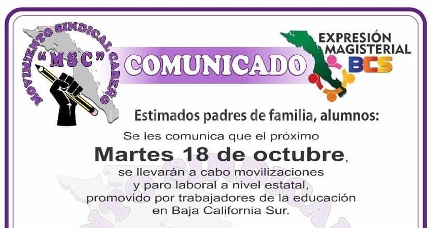 Convocan para este martes paro de labores del magisterio en BCS