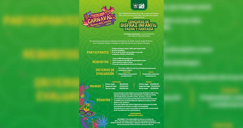Invita DIF Municipal al Concurso de Disfraz Infantil del Carnaval La Paz 2026