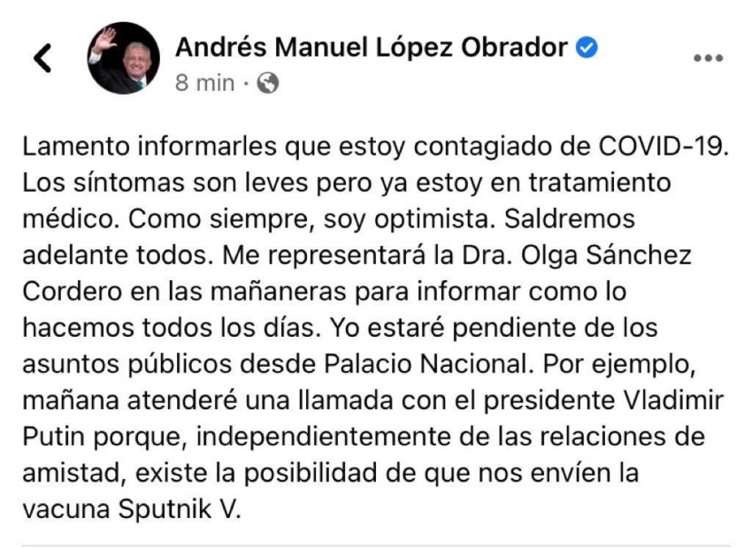 Presidente de México da positivo a COVID-19