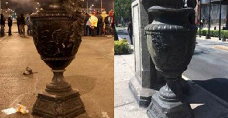 CNTE daña jarrón histórico en Reforma