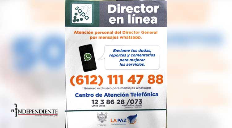 A través de WhatsApp, SAPA de La Paz atenderá reportes del servicio de agua potable A través de WhatsApp, SAPA de La Paz atenderá reportes del servicio de agua potable