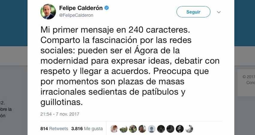 Calderón tuiteó la 'fascinación' de los '240 caracteres'... ¡y son 280! Calderón tuiteó la 'fascinación' de los '240 caracteres'... ¡y son 280!