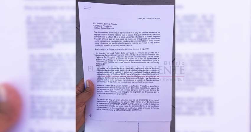 Aspirante en segunda fórmula del PRD impugnó asignación de plurinominales 