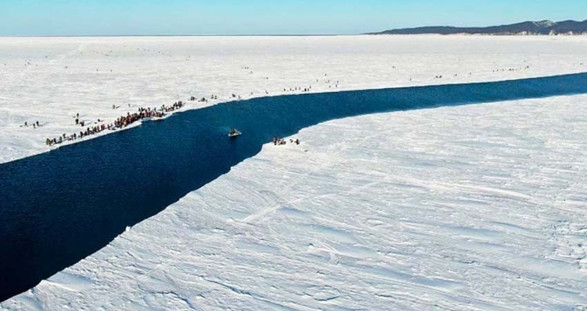 Rescatan a 536 pescadores de un témpano de hielo a la deriva Rescatan a 536 pescadores de un témpano de hielo a la deriva
