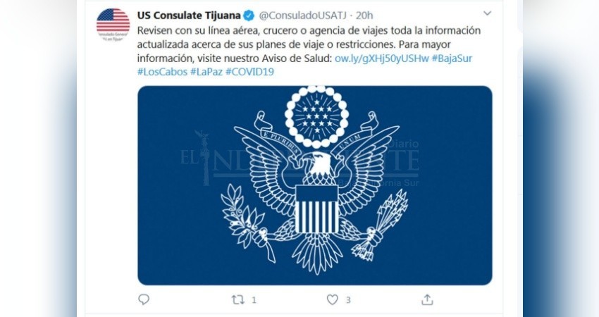 COVID-19: Pide USA a sus ciudadanos en BCS regresar a su país de origen COVID-19: Pide USA a sus ciudadanos en BCS regresar a su país de origen