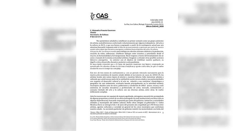 Consejo de Artistas Sudcalifornianos pide atención de la Secretaría de Cultura