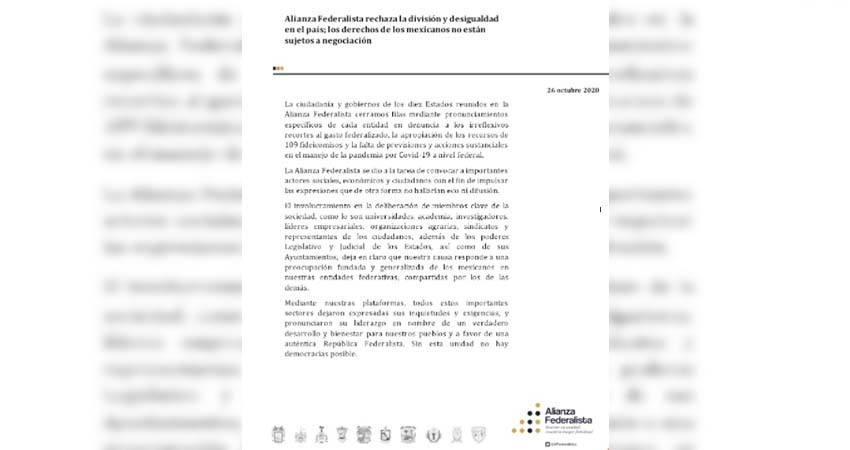 PAN y PRD respaldan convocatoria de la Alianza Federalista para diálogo con AMLO