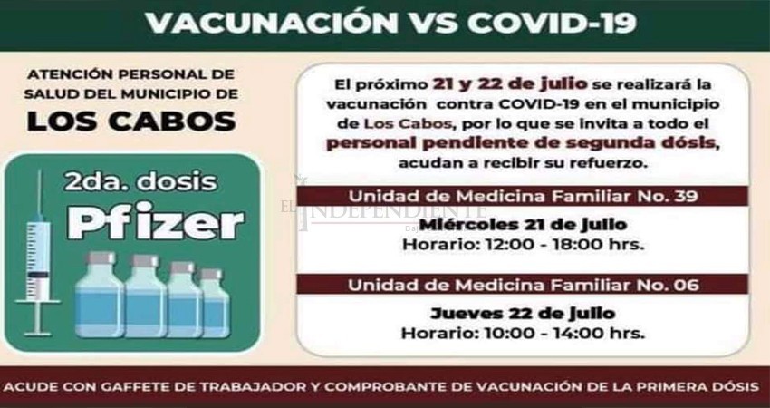 Convocan a vacunar a personal médico que requiera 2da dosis en Los Cabos