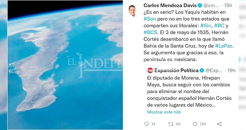 Carlos Mendoza defiende el nombre de “Mar de Cortés” para el Golfo de California, diputado pretende llamarle “Mar del Yaqui”