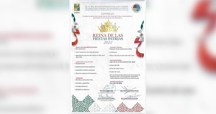 Lanza Ayto de Los Cabos convocatoria del concurso de la Reina de las Fiestas Patrias 2022