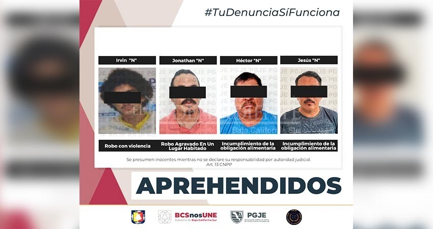 Aprehende PGJE a cuatro personas en La Paz, Los Cabos y Mulegé