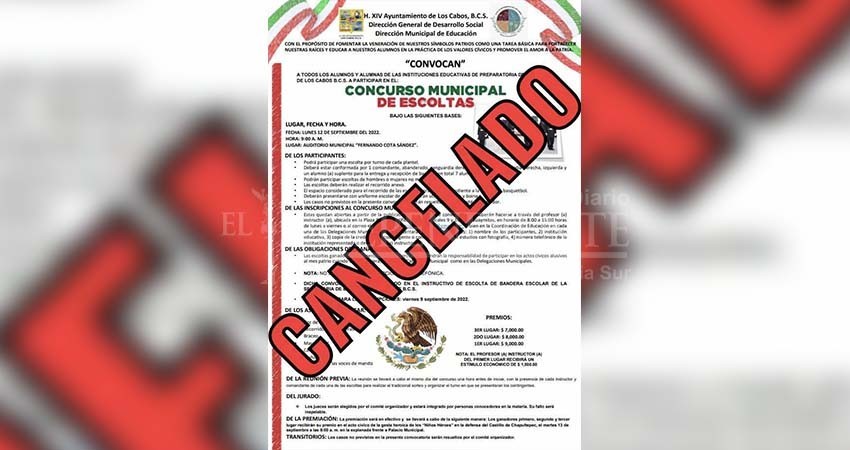 Anuncia el Gobierno de Los Cabos la cancelación de eventos del mes patrio programados para este viernes 9 y lunes 12 de septiembre Anuncia el Gobierno de Los Cabos la cancelación de eventos del mes patrio programados para este viernes 9 y lunes 12 de septiembre