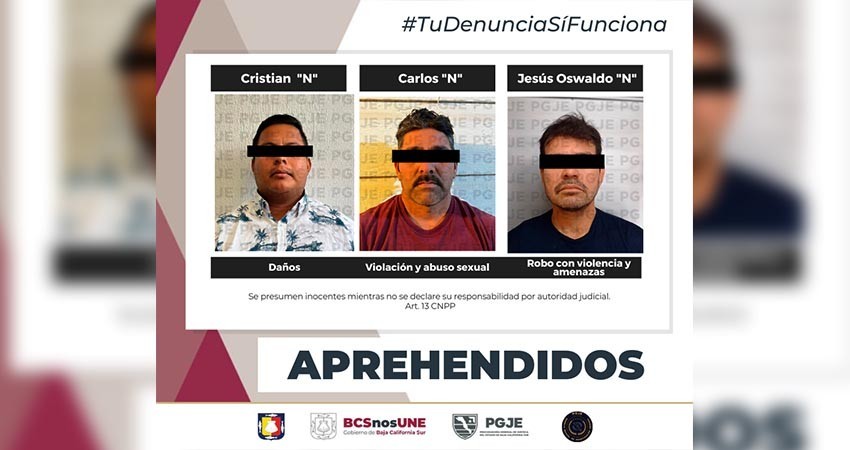 Aprehende PGJE a tres personas por robo, amenazas, daños y violación