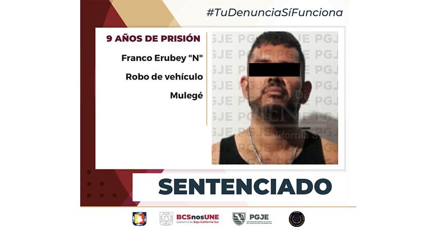 Sentencian a 9 años de prisión a Erubey “N”, por el delito de robo de vehículo