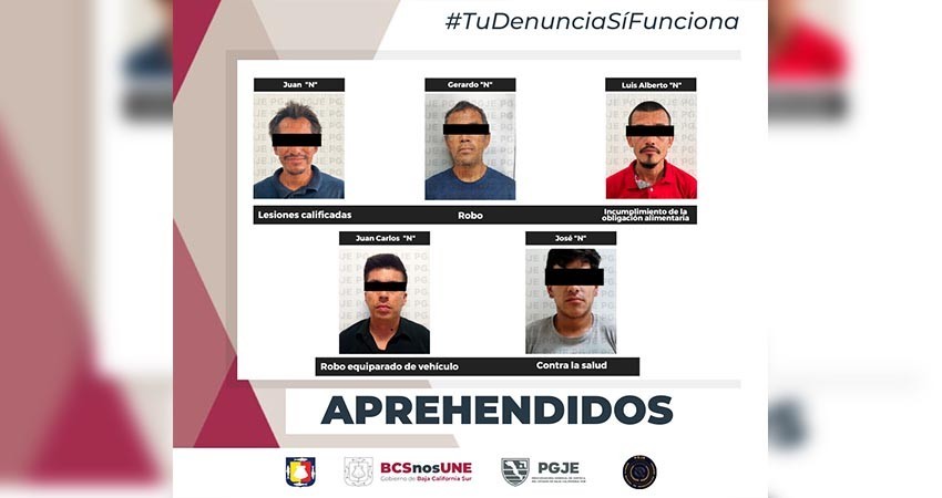 Detienen a cinco personas por diversos delitos en La Paz y Los Cabos