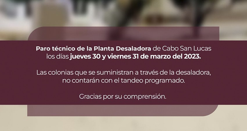 Hoy jueves y mañana viernes habrá paro técnico por mantenimiento en la planta desaladora de CSL