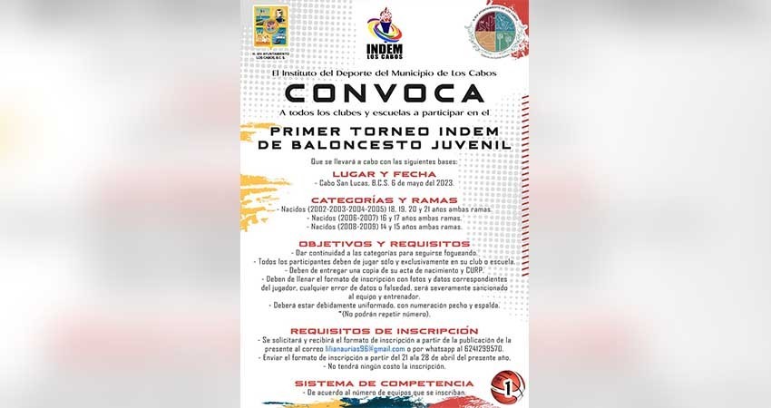El Instituto del Deporte de Los Cabos invita a clubes e instituciones educativas a participar en el primer torneo de Baloncesto Juvenil
