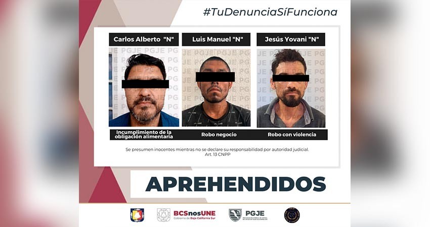 Tres personas detenidas por delitos de robo con violencia y contra la familia