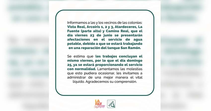 Trabajará OOMSAPAS La Paz en la reparación del tanque San Ramón