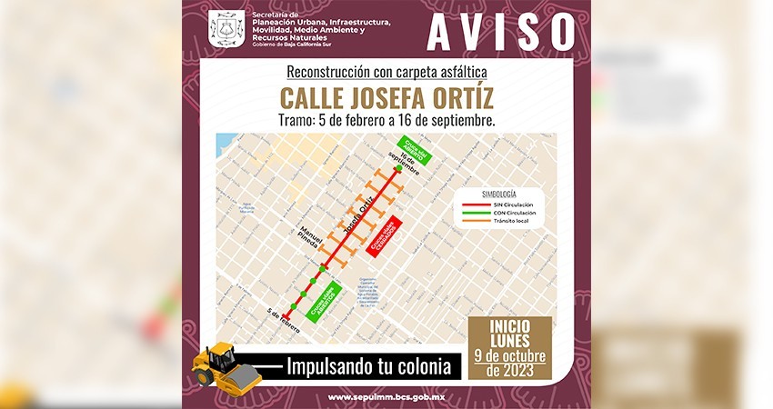 Por obras de repavimentación cerrarán a la circulación la calle Josefa Ortiz de Domínguez