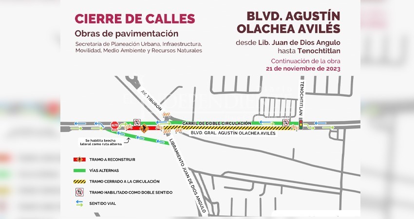 Se retoma el cierre de circulación vial del bulevar Agustín Olachea por obra de pavimentación