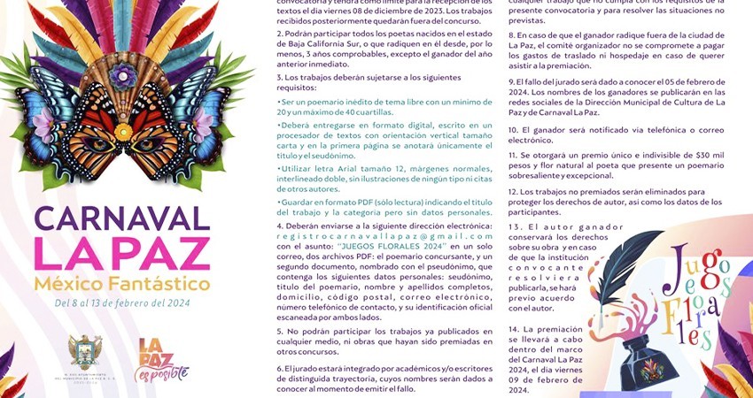 Continúa abierta convocatoria al certamen Juegos Florales del Carnaval La Paz 2024