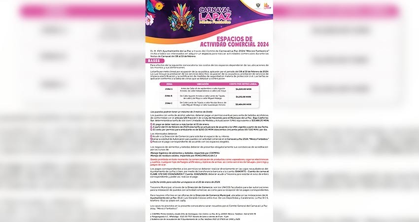 Invita Ayuntamiento a comerciantes a solicitar permisos de venta para el Carnaval La Paz 2024