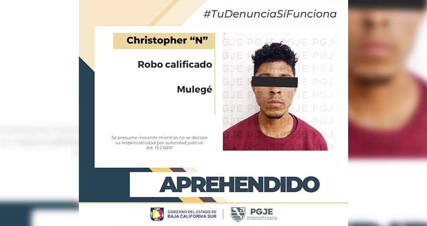 Fue aprehendido Christopher “N” por robo con violencia en Mulegé