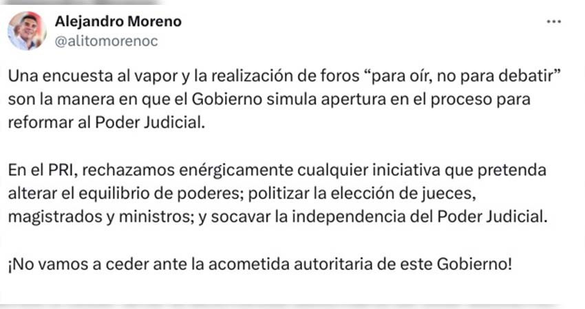 Reforma judicial: PRI y PAN rechazan encuestas ‘al vapor’ de Morena