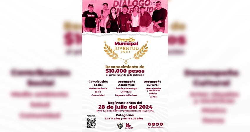 Convoca Ayto de La Paz a participar en el Premio Municipal de la Juventud 2024