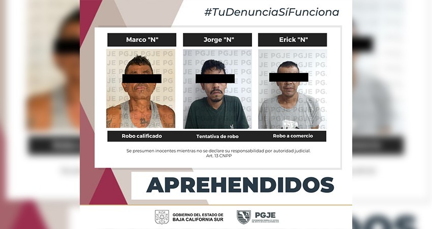 Aprehende PGJE a tres personas en La Paz y Los Cabos