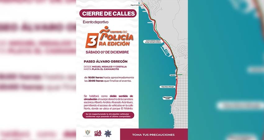 Habrá cierre vial de la carretera escénica de La Paz por la 3era “Carrera Atlética del Policía 2024”