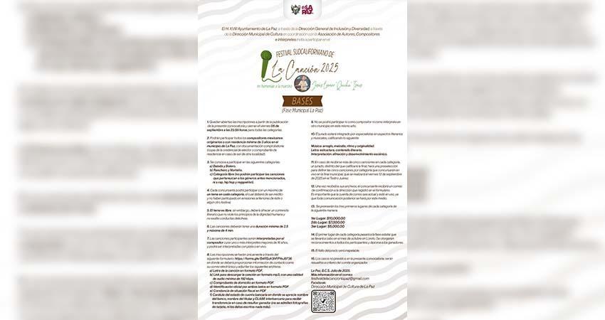 Abren convocatoria del Festival Sudcaliforniano de la Canción en su fase municipal La Paz Abren convocatoria del Festival Sudcaliforniano de la Canción en su fase municipal La Paz