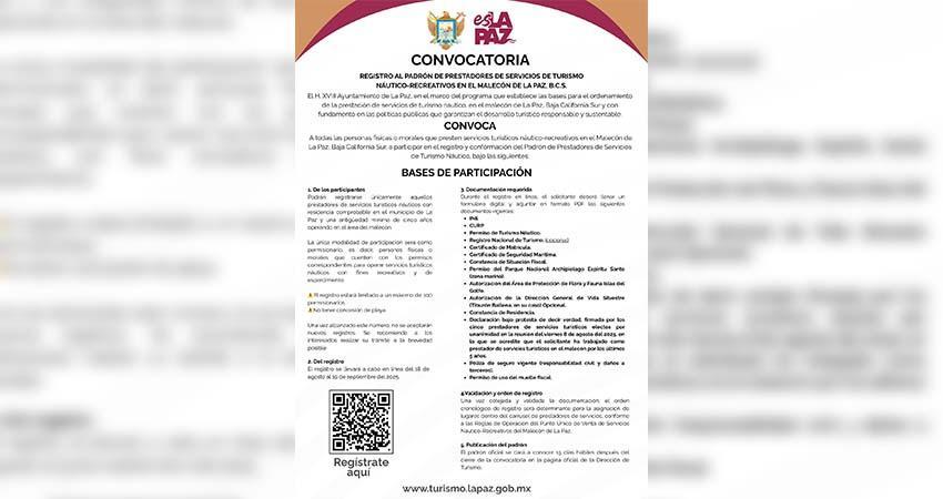 Ayuntamiento de La Paz abre registro para el Padrón de Prestadores de Servicios Náutico-Recreativos del malecón Ayuntamiento de La Paz abre registro para el Padrón de Prestadores de Servicios Náutico-Recreativos del malecón