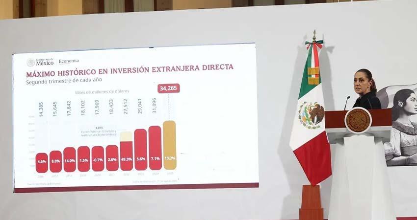 Sheinbaum destaca récord de inversión extranjera en México pese los aranceles de EU