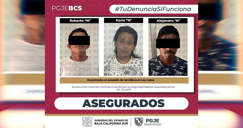 Asegura PGJE a tres personas droga y un vehículo en Los Cabos