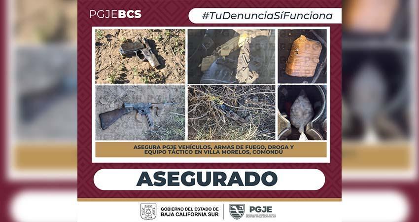 Aseguran en Comondú más 7 mil dosis de droga, armamento, vehículo y equipo táctico