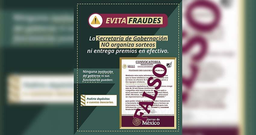 Segob alerta por fraudes que prometen premios en efectivo