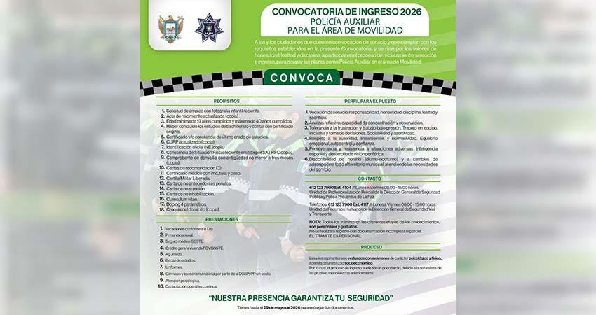 Continúa abierta Convocatoria de Ingreso a la Policía Auxiliar en el área de Movilidad