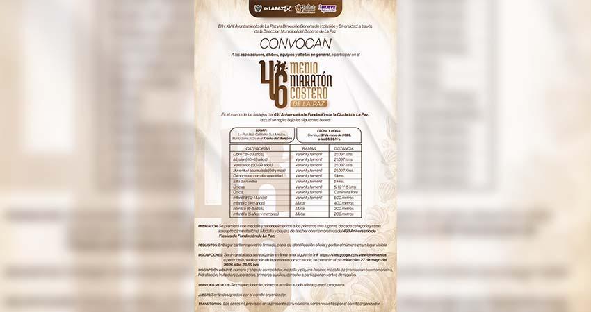 Invita Gobierno Municipal a participar en el Medio Maratón Costero de La Paz