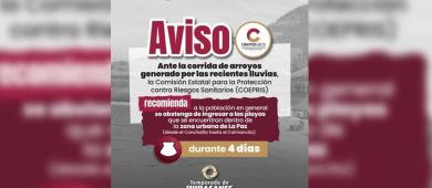 Recomienda COEPRIS evitar ingreso a playas de La Paz tras lluvias registradas