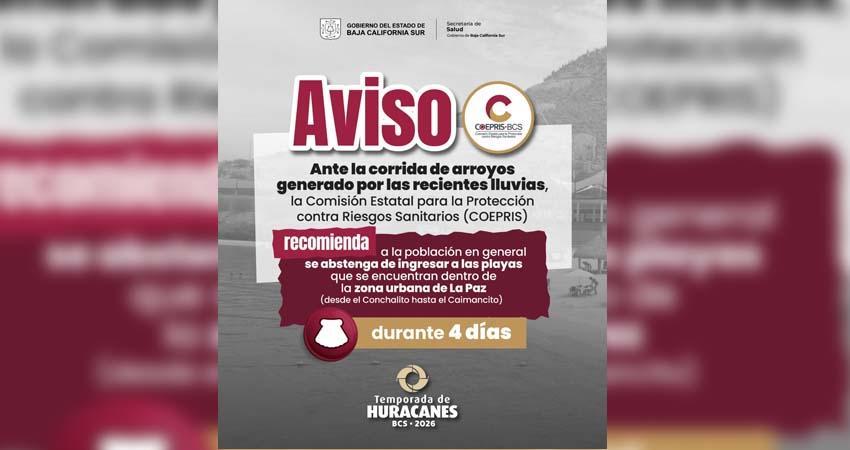 Recomienda COEPRIS evitar ingreso a playas de La Paz tras lluvias registradas
