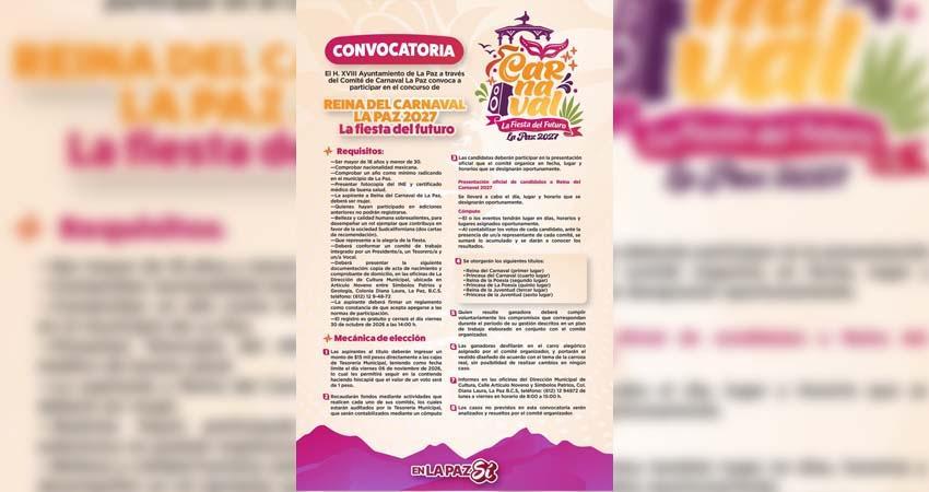 Convoca Gobierno Municipal a participar en la elección de la Reina del Carnaval La Paz 2027