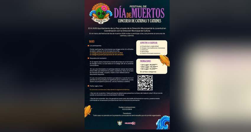 Invita Ayuntamiento de La Paz a jóvenes a participar en el Concurso de Catrinas y Catrines