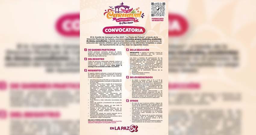 Abre Carnaval La Paz 2027 convocatoria para artistas y talento local