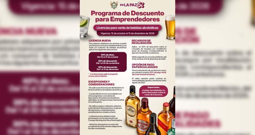 Ayuntamiento de La Paz implementa programa de descuentos en licencias para bebidas alcohólicas