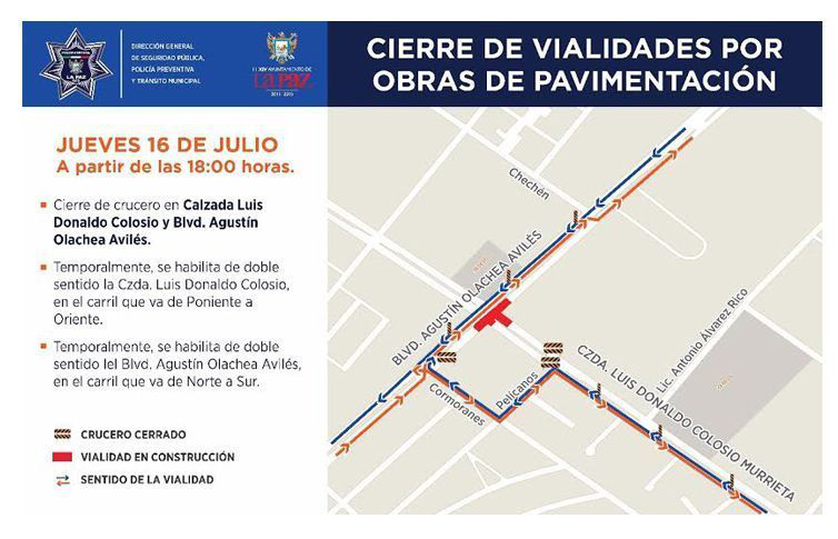 Tránsito Municipal comunica cierre de la Colosio y Las Garzas