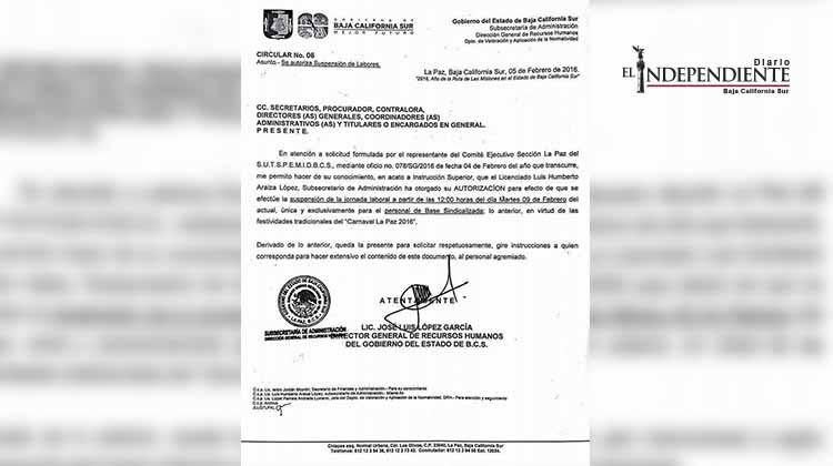 Burócratas al servicio de los poderes del estado saldrán temprano por Carnaval