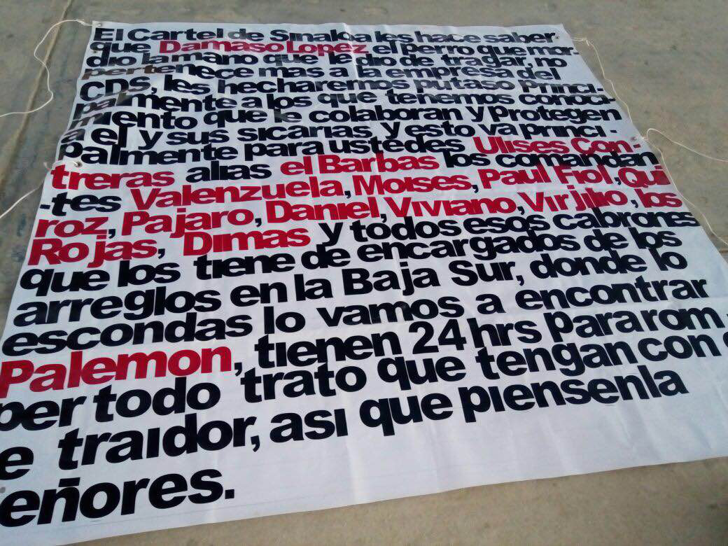 Cuelgan otra narcomanta en CSL