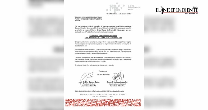 Propone el CEN del PRI a Flavio Carbajal como candidato a regidor en La Paz